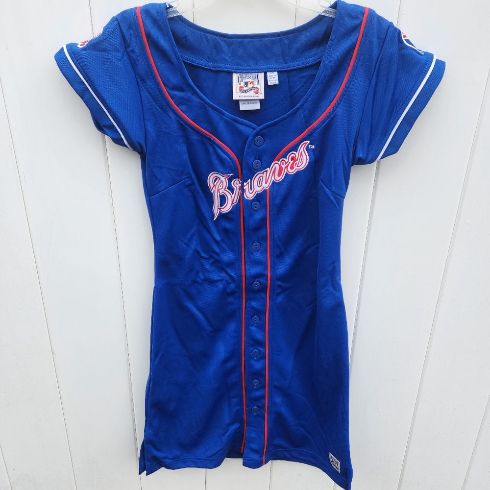 Atlanta Braves Jersey Dress Womens Small Blue Cooperstown Carl Banks Button Up